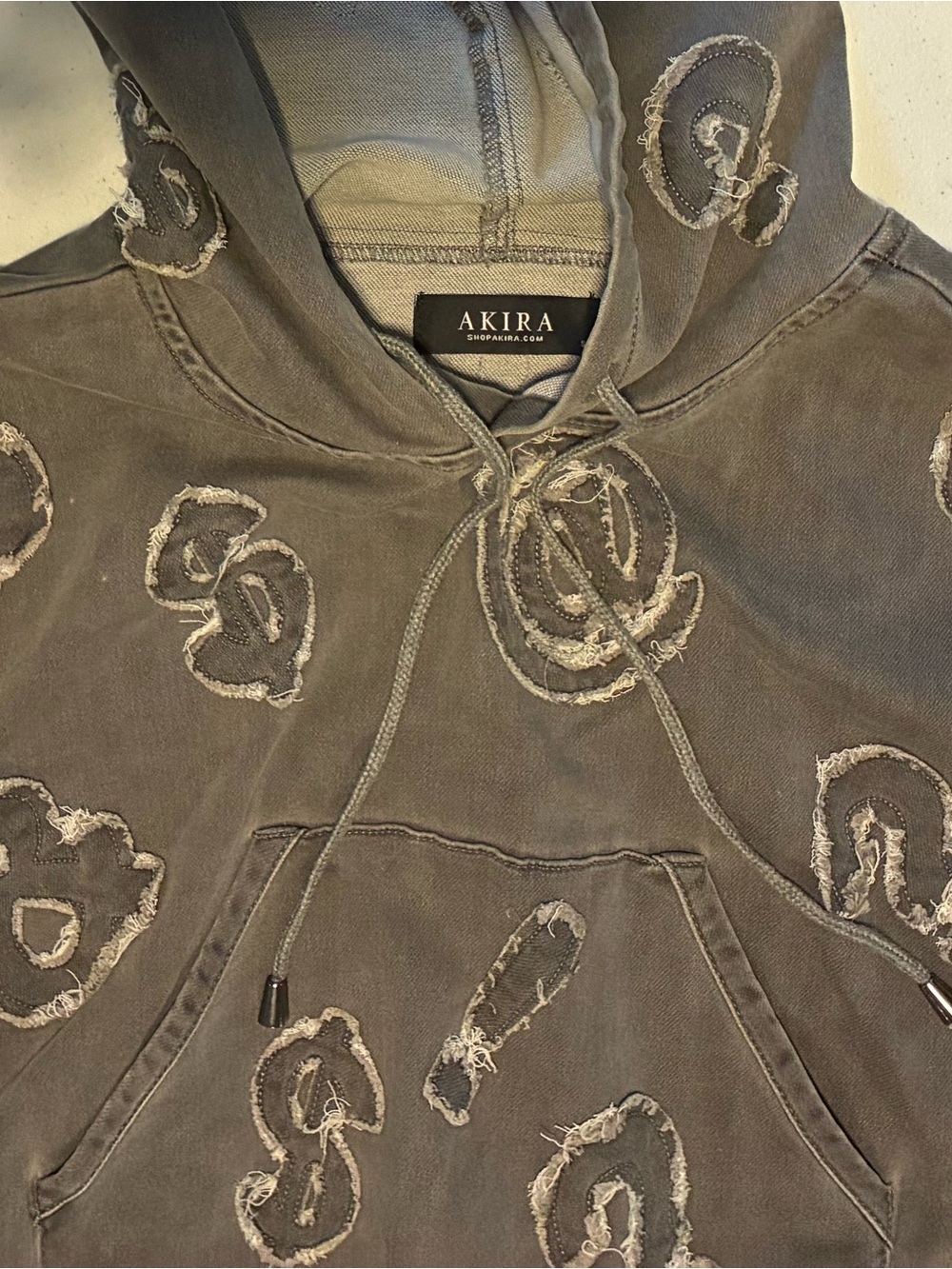 AKIRA Washed Charcoal Hoodie with Distressed Logo Appliqués